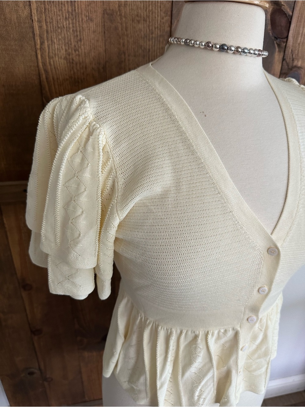 ba&sh Cream Ruffle-Sleeve Button Front Peplum Top - Picture 2 of 9